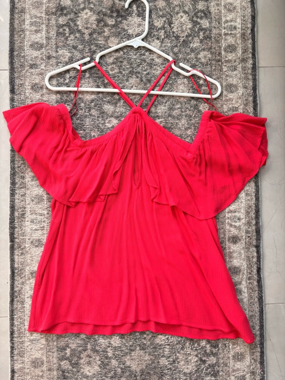 Express Bright Red Ruffle Cold-Shoulder Top